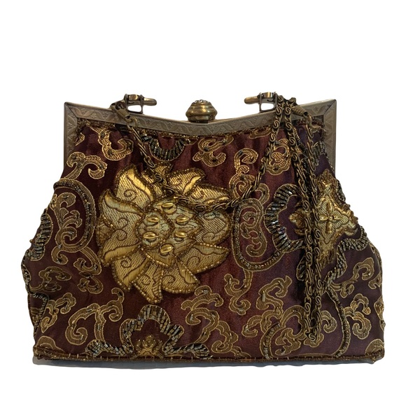 Vintage Brown Beaded Embroidered Chain Purse - Picture 7 of 16